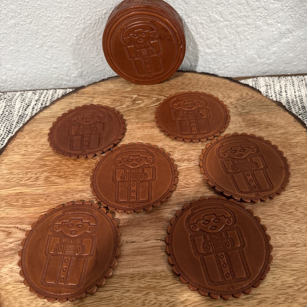 Hand Made Aztec Design Leather Coasters Set of 6 Colombia Rustic Decor